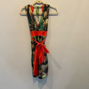 Eva Franco Green Tropical Print Dress with Red Sash